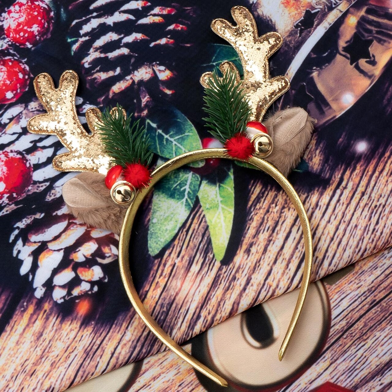 Christmas Headbands Glitter Christmas Elk Antlers Headband Cute Xmas Hair Bands Holiday Headbands Party Gift Christmas Costume Party Accessories for Women and Girls (Gold)